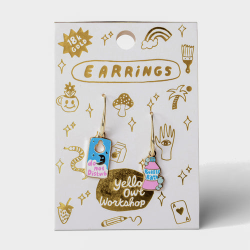 Self Care Bubble Bath mismatched enamel drop earrings on gold foil matchbook card by Yellow Owl Workshop
