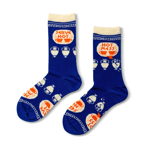 Blue crew socks featuring Serve Hot and Hot Mess diner plate illustrations with geometric border and coffee cups by Yellow Owl Workshop