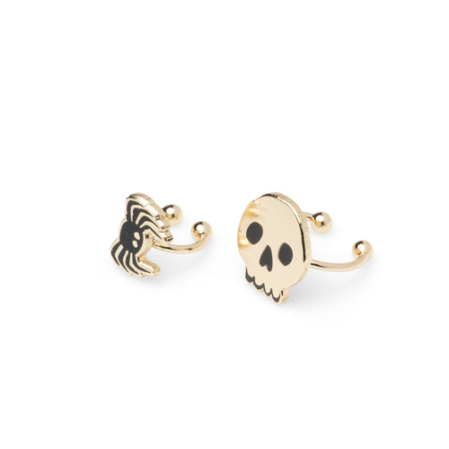 Mismatched gold skull and spider no-piercing ear cuffs by Yellow Owl Workshop