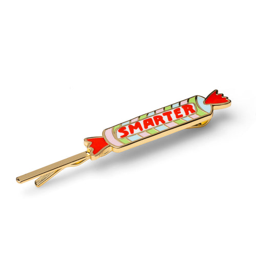 Gold cloisonné enamel candy wrapper hair pin with Smarter lettering in red green and pink by Yellow Owl Workshop