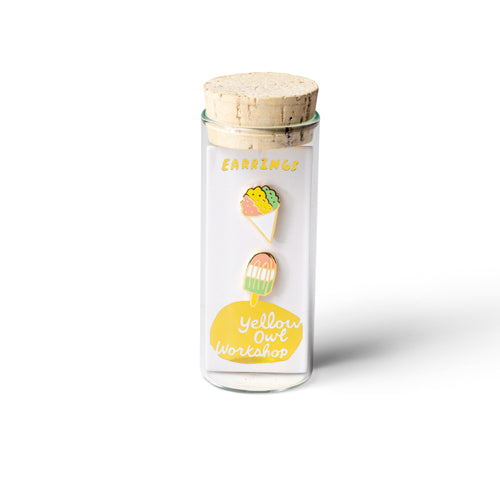 Sno Cone and Popsicle mismatched gold stud earrings in gift-ready glass vial by Yellow Owl Workshop