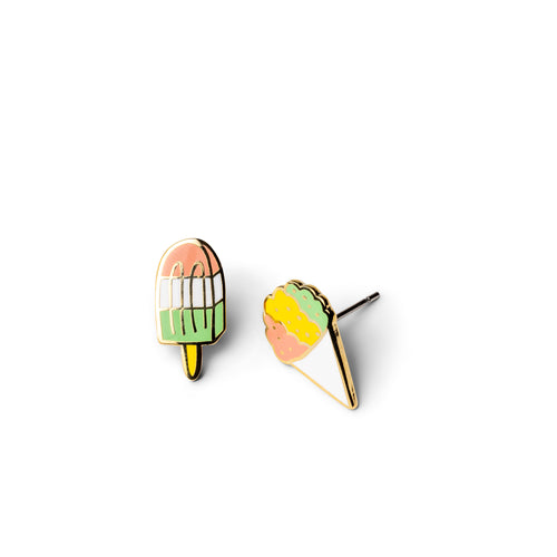 Mismatched gold stud earrings featuring striped pink and green popsicle and triple scoop yellow pink and mint sno cone by Yellow Owl Workshop