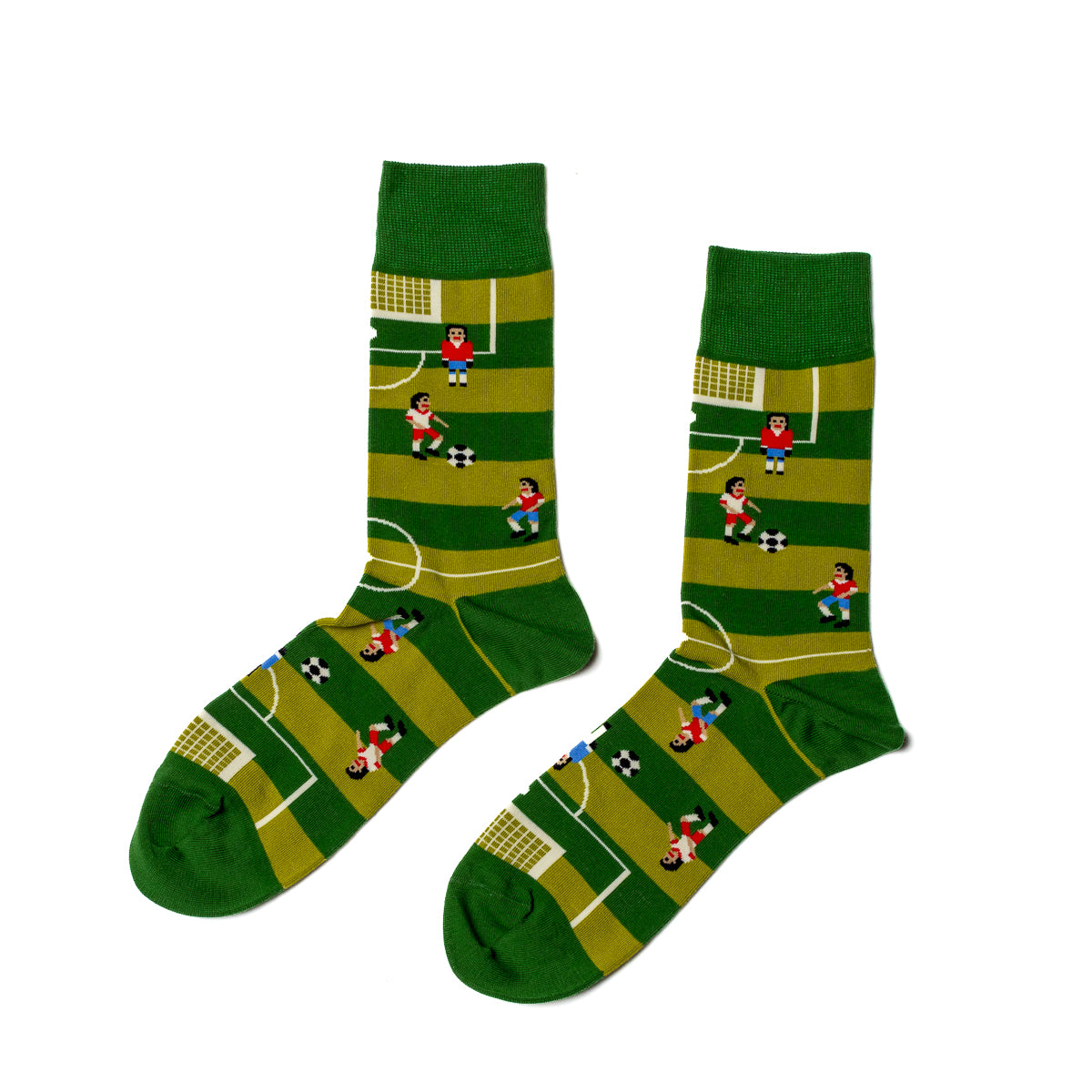 Green crew socks featuring illustrated soccer players goal and ball on striped pitch by Yellow Owl Workshop