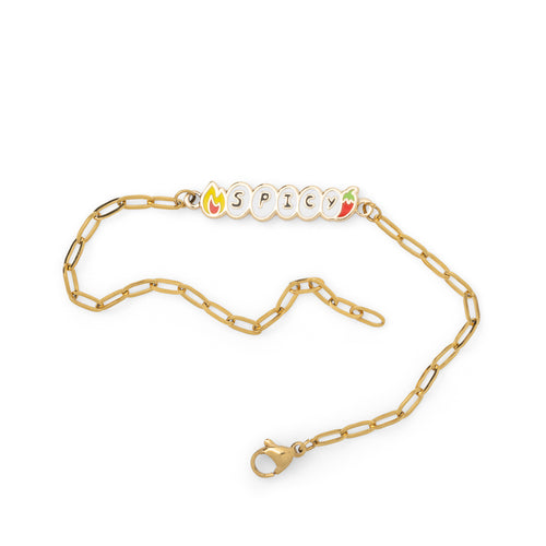 Gold paperclip chain Spicy bracelet with enamel letter charms and flame and chili pepper charms unclasped on white background by Yellow Owl Workshop