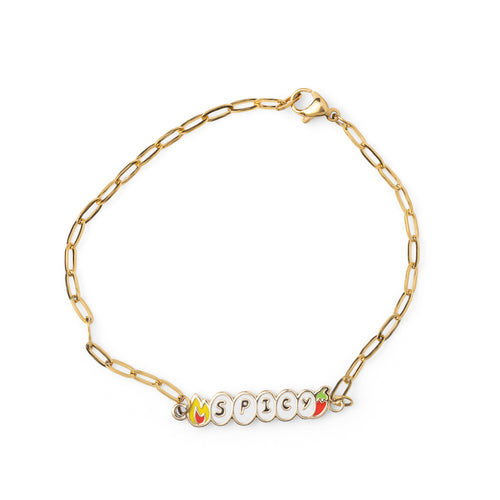 Gold paperclip chain bracelet spelling SPICY in enamel letter charms with flame and red chili pepper charms by Yellow Owl Workshop