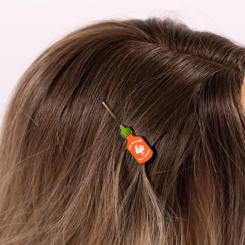 Sriracha gold cloisonné enamel hair pin worn in hair by Yellow Owl Workshop
