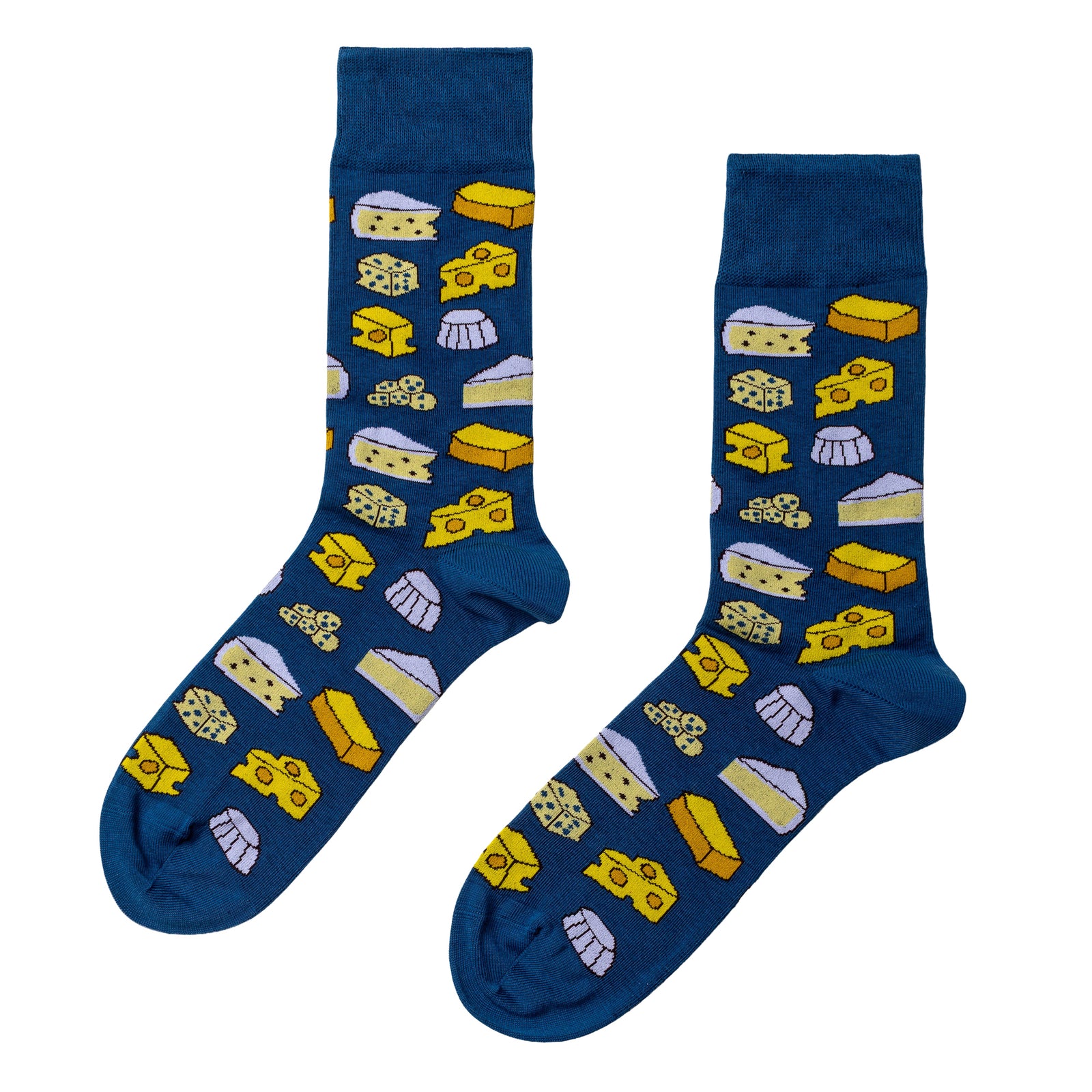 Yellow Owl Workshop blue cheese crew socks featuring an allover pattern of yellow cheddar, Swiss cheese wedges, brie, and blue cheese. Combed cotton socks with ribbed cuffs, perfect for cheese lovers, foodies, and anyone who loves colorful patterned socks.