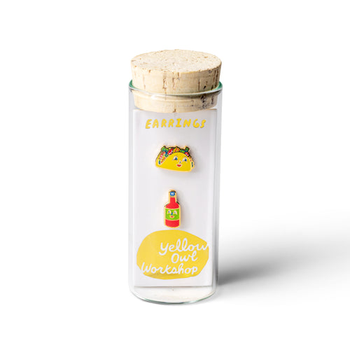 Taco and Hot Sauce mismatched gold stud earrings in gift-ready glass vial by Yellow Owl Workshop