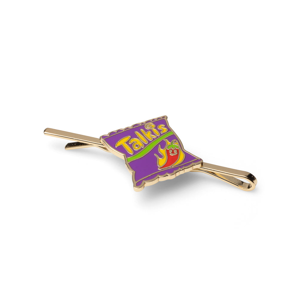 Gold cloisonné enamel spicy rolled tortilla chip hair pin by Yellow Owl Workshop