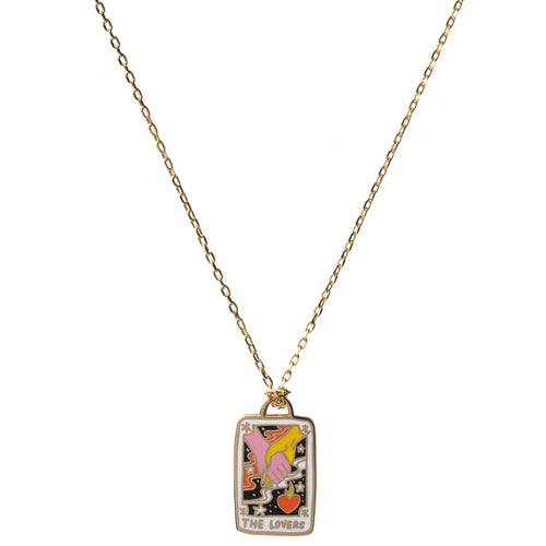 Colorful cloisonné Lovers tarot card pendant necklace gilded in 22 karat gold by Yellow Owl Workshop