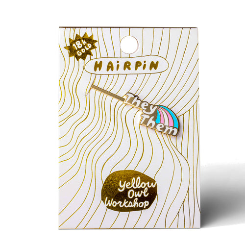 They Them gold cloisonné enamel hair pin in packaging by Yellow Owl Workshop