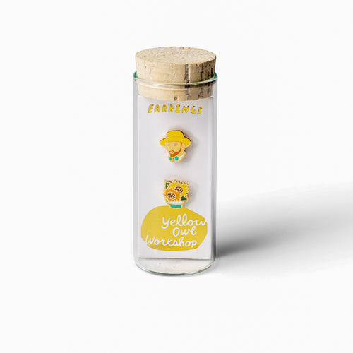 Van Gogh inspired mismatched cloisonné stud earrings in glass vial packaging by Yellow Owl Workshop