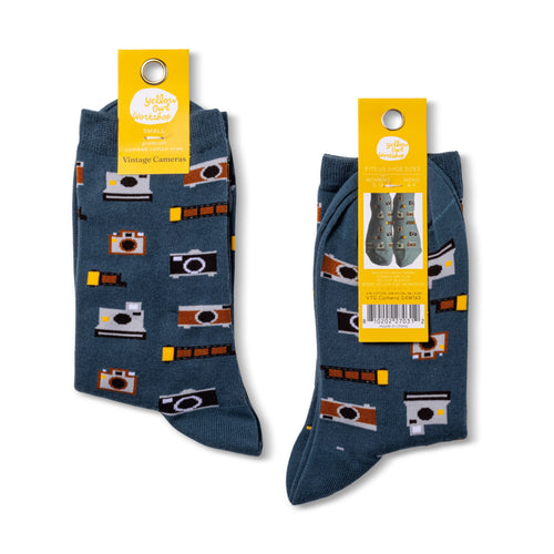 Vintage Camera crew socks small size packaging front and back by Yellow Owl Workshop