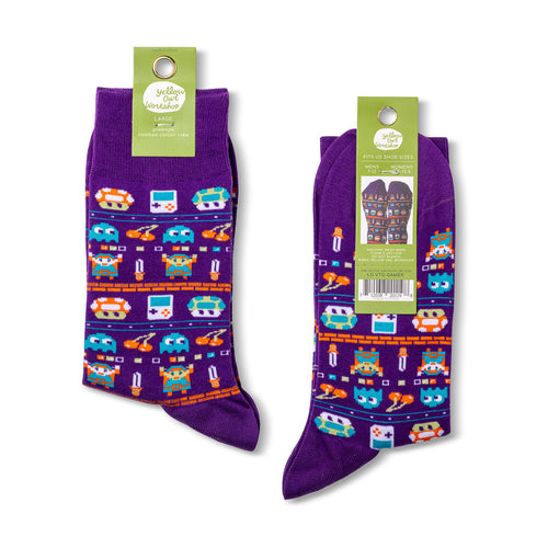 Vintage Gamer crew socks packaging front and back by Yellow Owl Workshop
