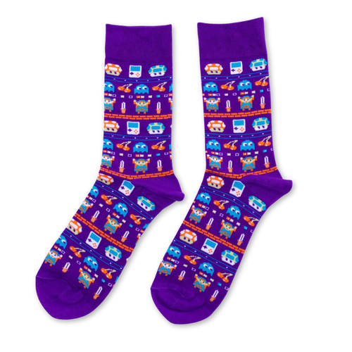 Purple crew socks featuring classic arcade characters and retro console icons in blue orange and white by Yellow Owl Workshop