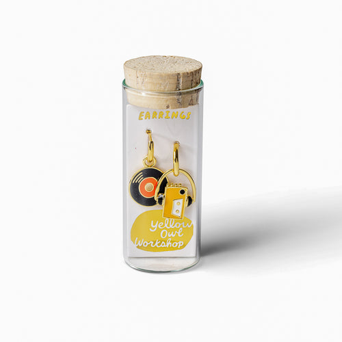 Walkman and vinyl record gold hoop earrings in gift-ready glass vial by Yellow Owl Workshop