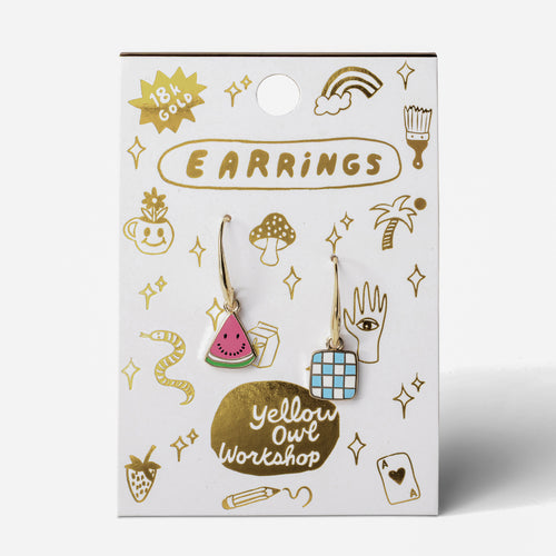 Watermelon Picnic mismatched enamel drop earrings on gold foil matchbook card by Yellow Owl Workshop