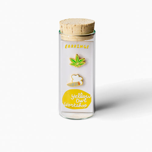 Weed mismatched gold stud earrings in gift-ready glass vial by Yellow Owl Workshop
