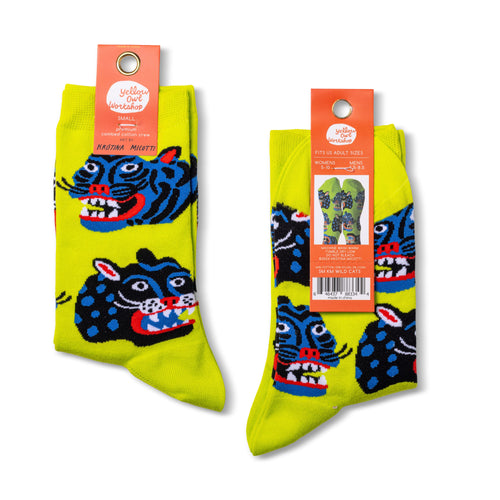 Wild Cats crew socks small size packaging front and back by Yellow Owl Workshop
