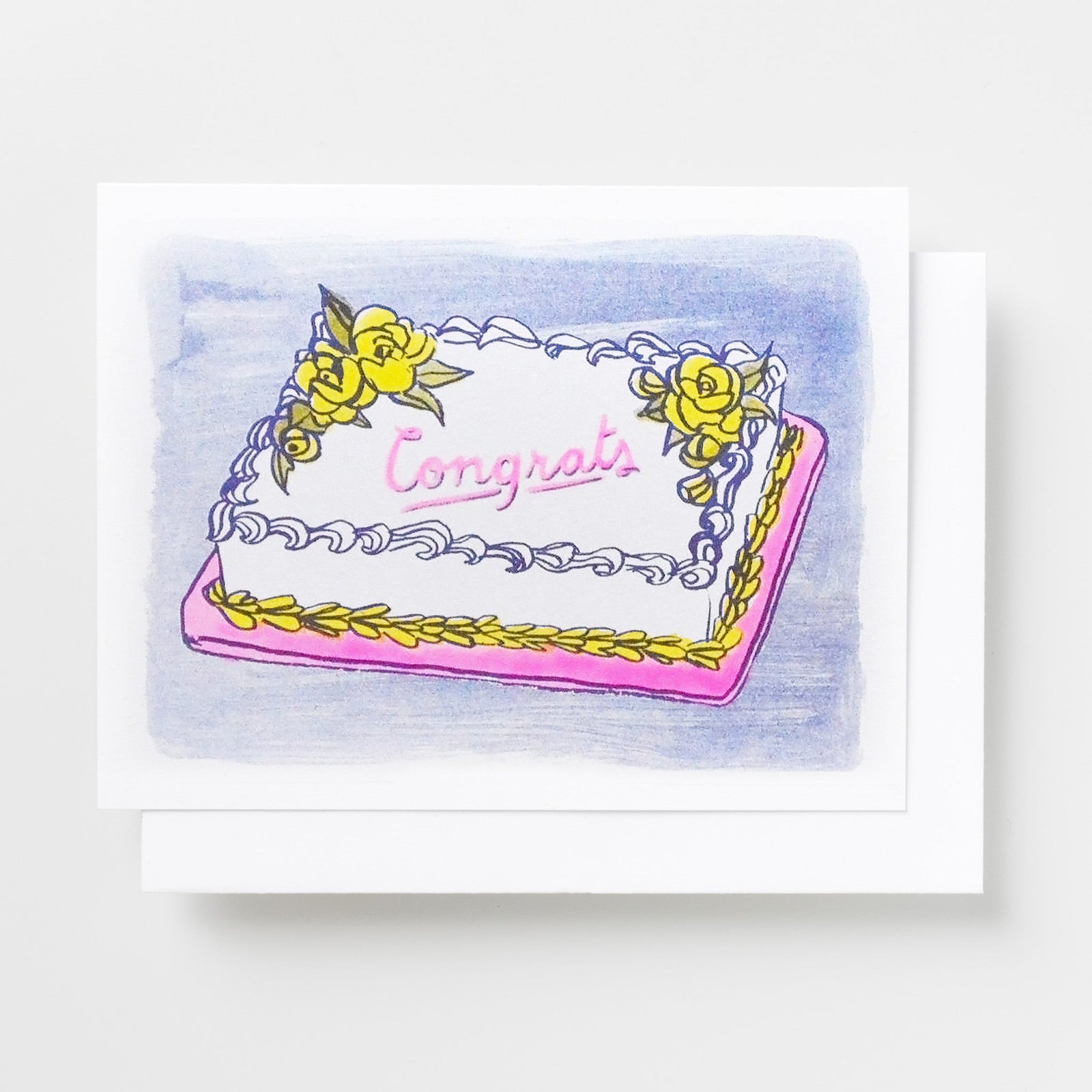 Risograph greeting card with an illustrated white sheet cake decorated with yellow roses and piped frosting on a pink base and periwinkle background, text reads Congrats in pink cursive script