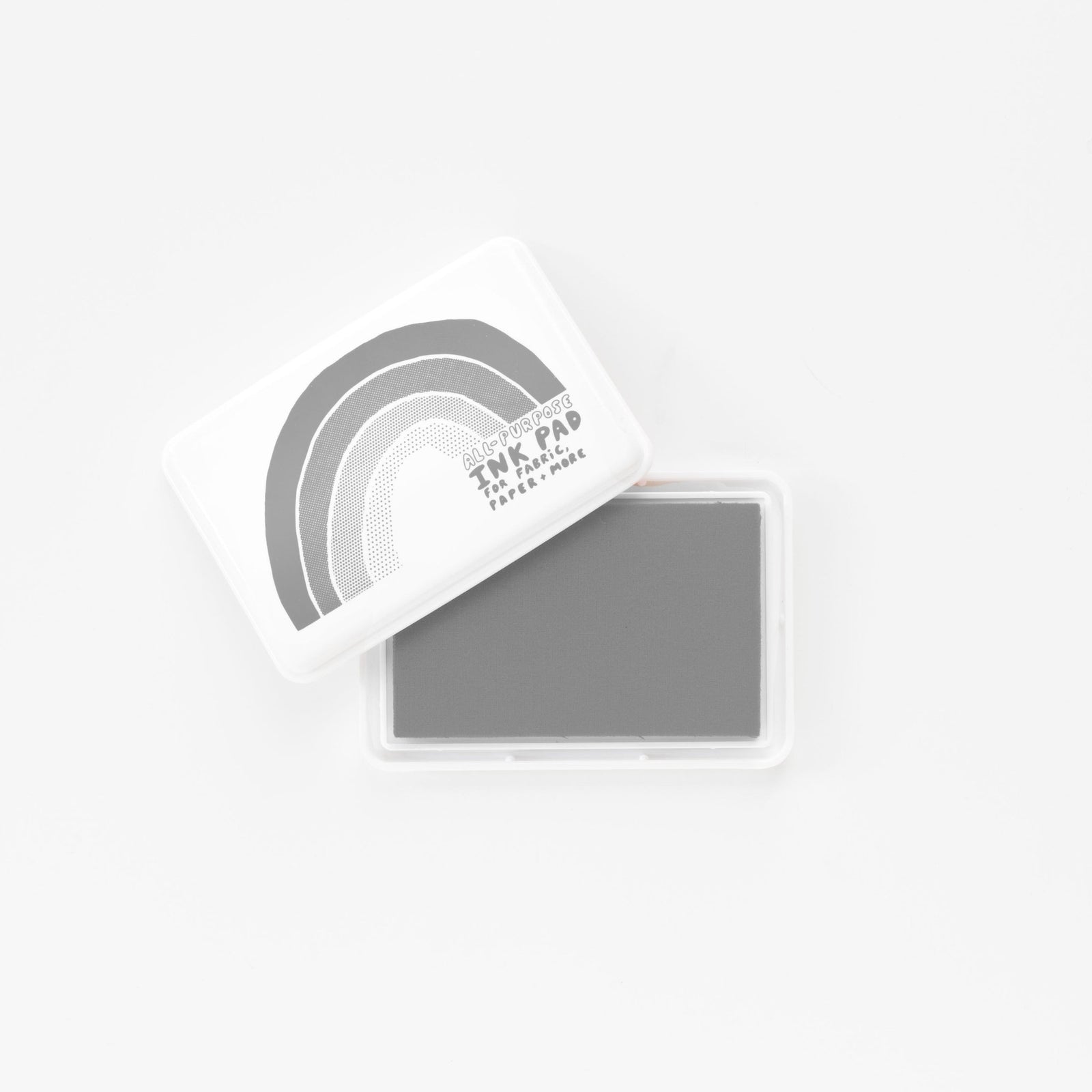 Gray permanent waterproof all-purpose ink pad open showing gray ink pad and white rainbow lid by Yellow Owl Workshop