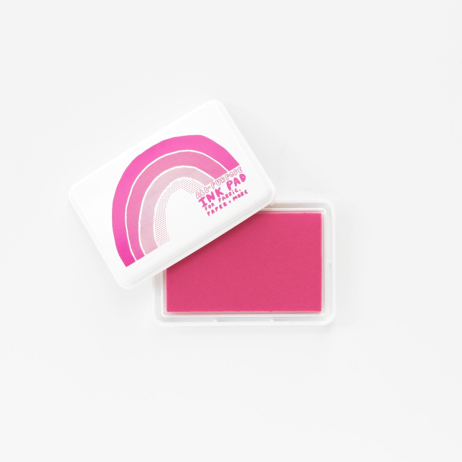 Magenta permanent waterproof all-purpose ink pad open showing magenta ink pad and white rainbow lid by Yellow Owl Workshop