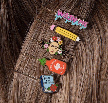 Pride and Prejudice gold cloisonné enamel hair pin worn in hair by Yellow Owl Workshop