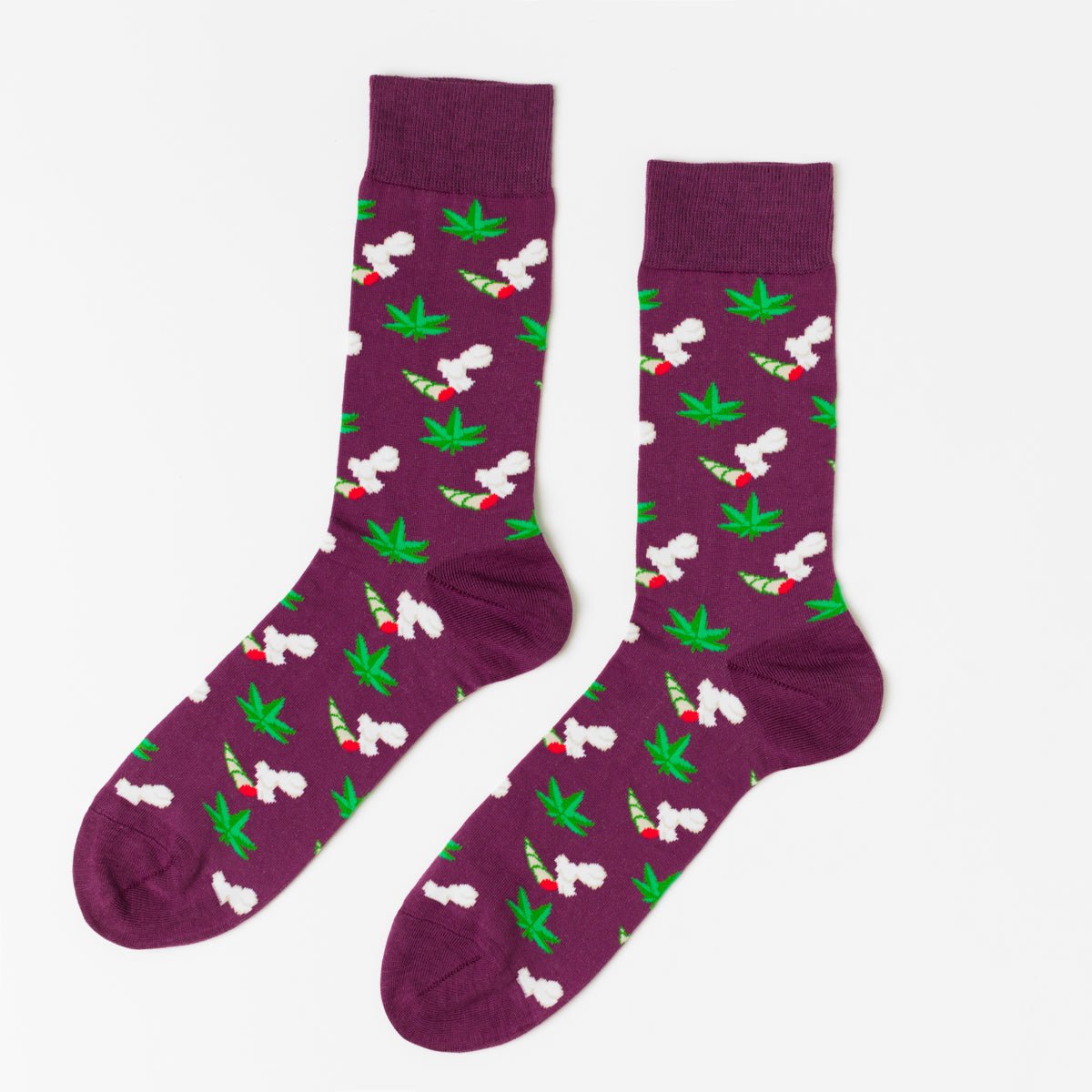 Purple crew socks featuring illustrated cannabis leaves lit joints and smoke clouds by Yellow Owl Workshop