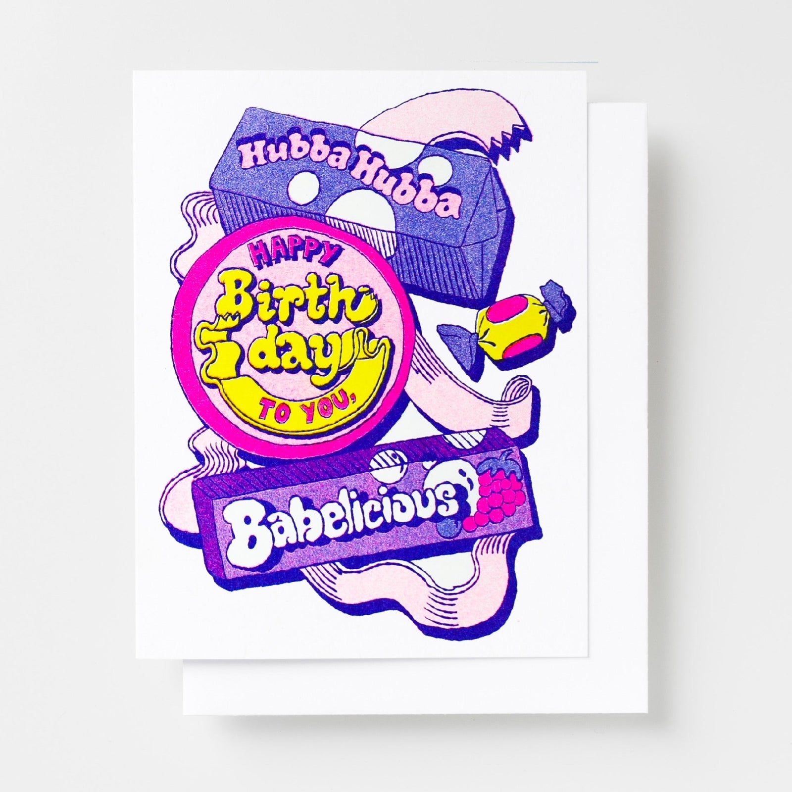 Risograph greeting card with illustrated retro bubblegum packaging including a Hubba Bubba box and Babelicious banner in purple, pink, and yellow, text reads Happy Birthday to You in bold lettering